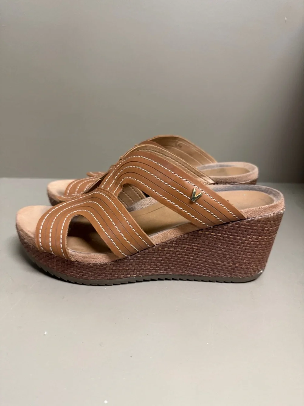Vionic Tan Woven Wedge Slide Sandals, Beachy Brown & Tan Neutrals